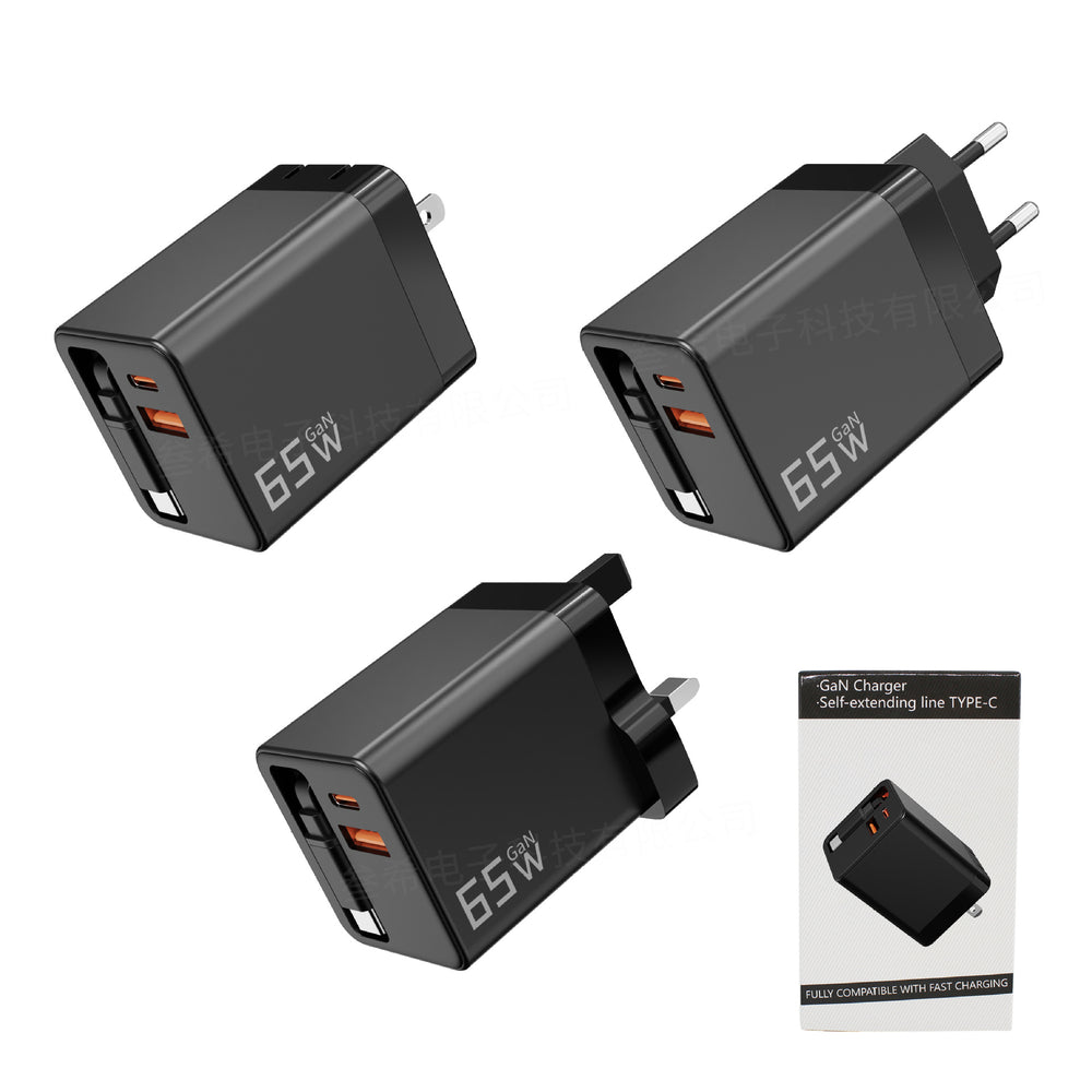 65w gan charger with full protocol fast charging, a+c dual port retractable cable, compatible with apple and huawei fast charging