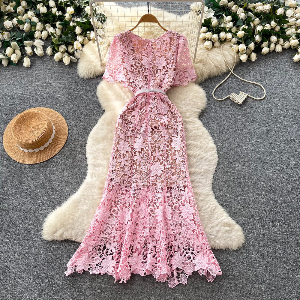 Frenchaccessible luxury heavy industry lacecut outdress women's summerk-style pink waist slimming lookwork clothingelegancelong skirt