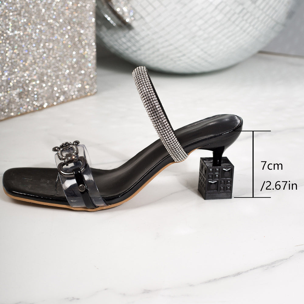 Summerplus sizemouth rhinestone high heel slippers 2026new arrival special-shaped heel cross-border fashion one-line sandals for women