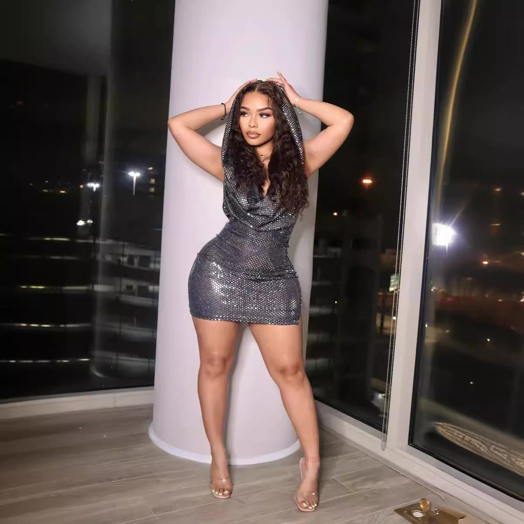 2023 Cross-border European and American sexy wind flash sexy pocket collar neck hooded hollow hip wrap party dress