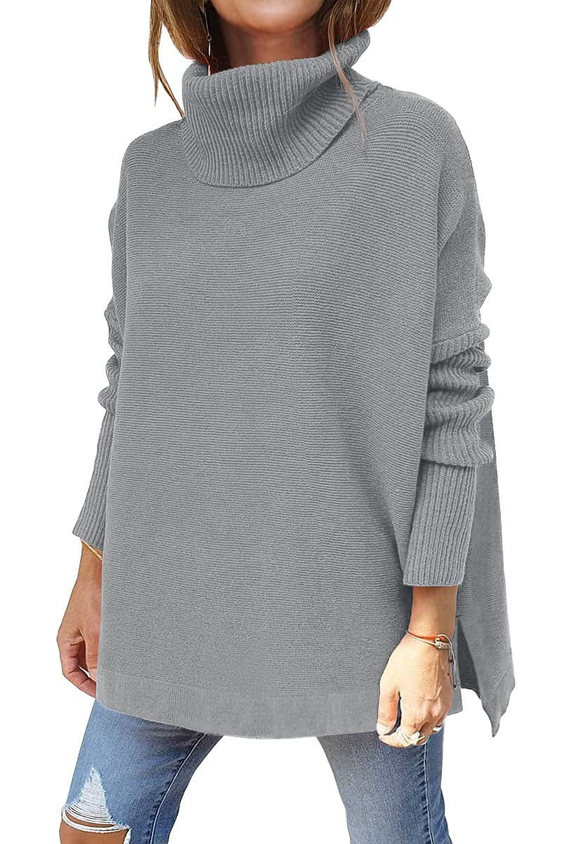 2022 amazon cross-border high neck sweater, mid-length batwing sleeve, cinched hem, pullover knit sweater for women