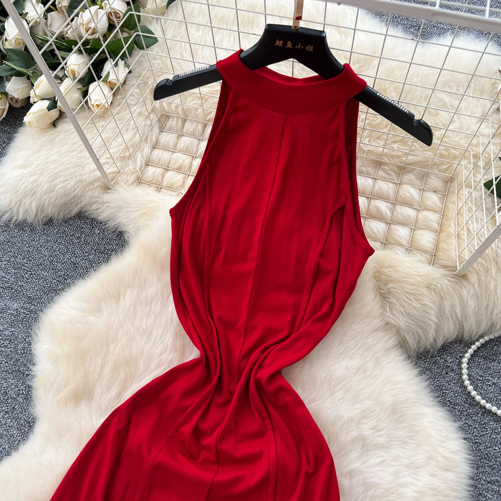 European and american pure desire style sleeveless dress women's summer sexy backless waist slimming look hot girl chic large swing long skirt