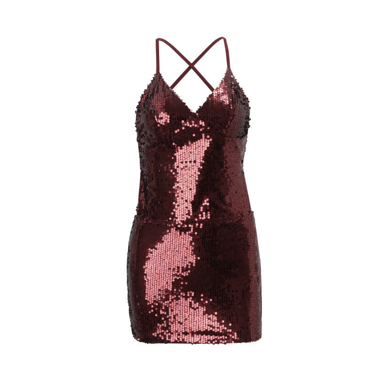 European and american women's clothing  autumn new sexy open-back nightclub hot girl sequin lace-up bodycon mini dress