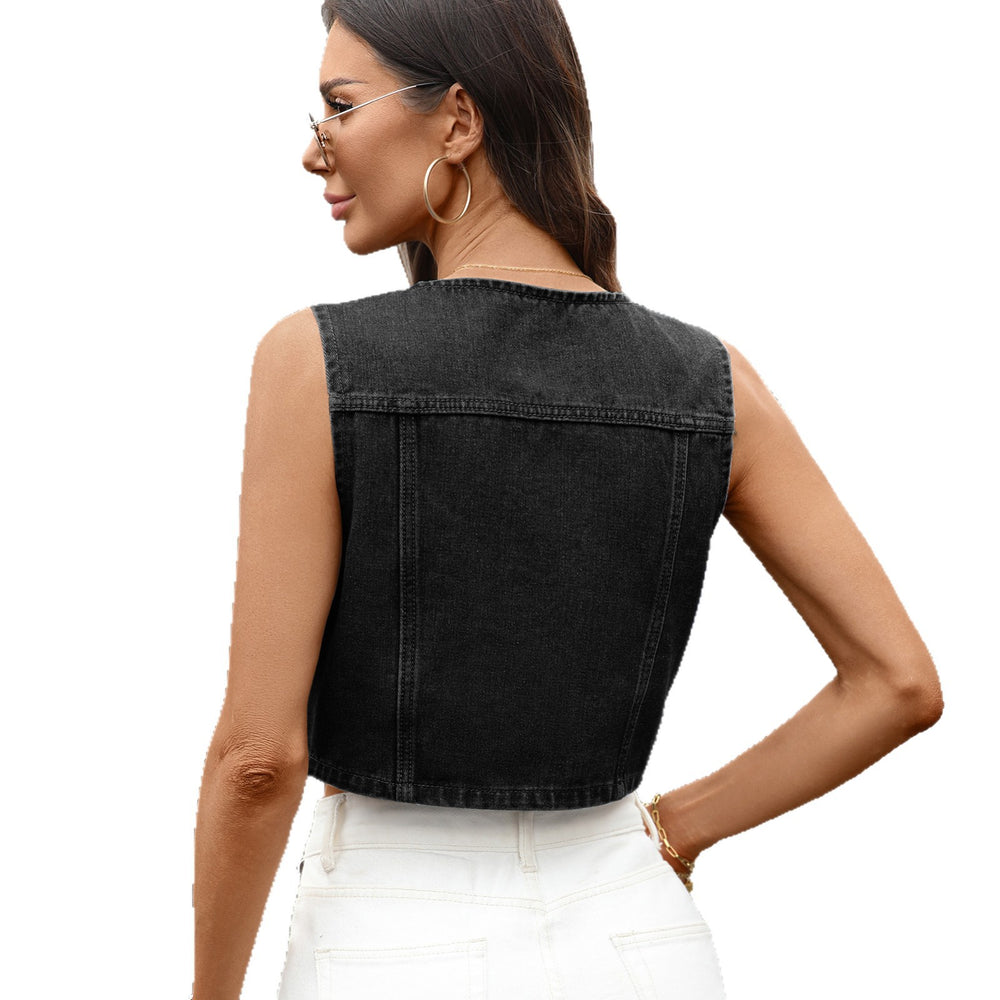 Fashion cross-border foreign trade women's new style  independent station washed casual round neck pocket denim vest vest