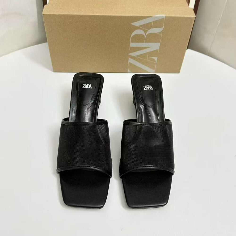 Za2025new arrival french beautiful square toe mesh open toe flip-flops summer outwear non-tiring high-heeled sandals
