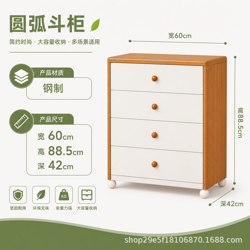 new steel low cabinet with rounded corners, freestanding five-drawer unit, wall-mounted integrated storage cabinet, kids' organizer
