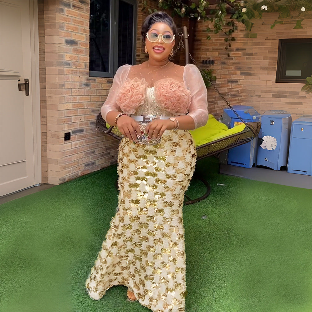 African  banquet party evening dress european and american style women's clothing organza patchwork sequin flower plus size dress