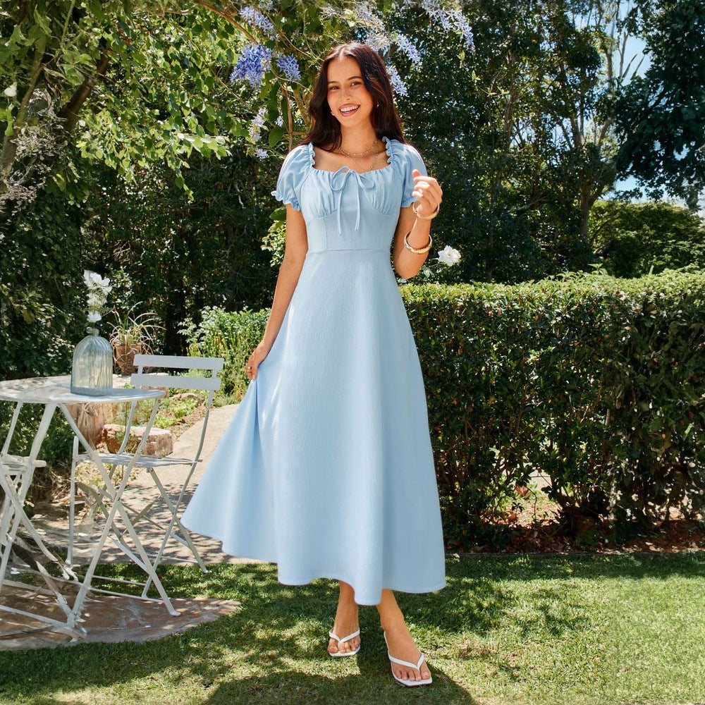 Summer women's solid color elegant dress -  export square neck tie-waist a-line midi dress