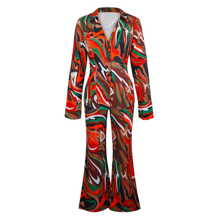 Printed deep v sexy blouse and wide-leg pants two-piece set - women's  european and american autumn fashion casual outfit