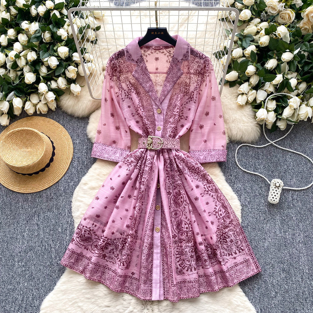 Frenchretrofashionable suit collar half length sleeves strap waist printingdress women's summer slimming look single-breasted short skirt