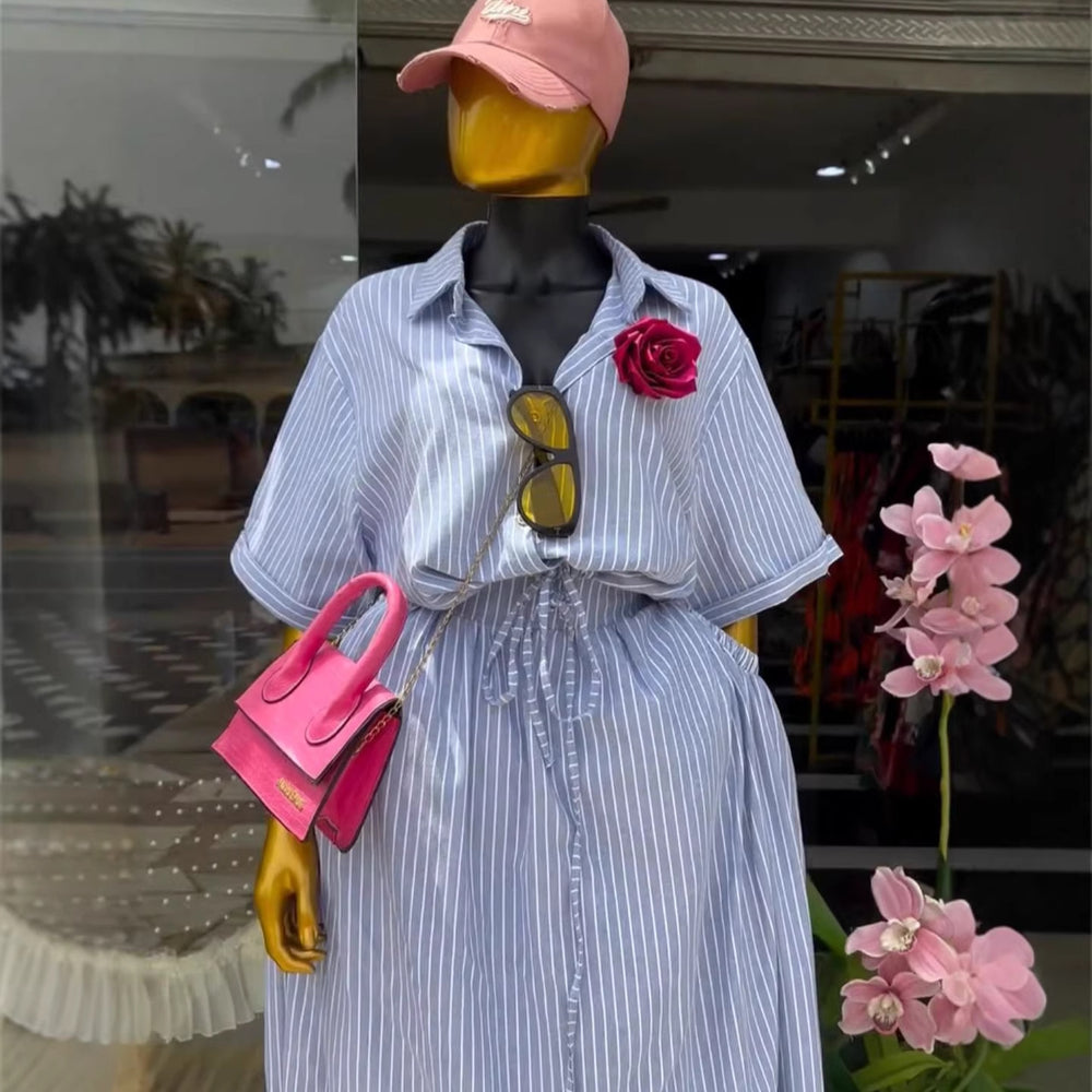 European and american cross-border women's fashion:  summer new collection - stylish loose-fit blue striped shirt and tie-waist midi skirt set