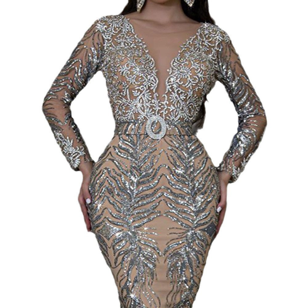 2025 new european and american style cross-border dress - gold foil long sleeve slim fit sexy mermaid train evening gown