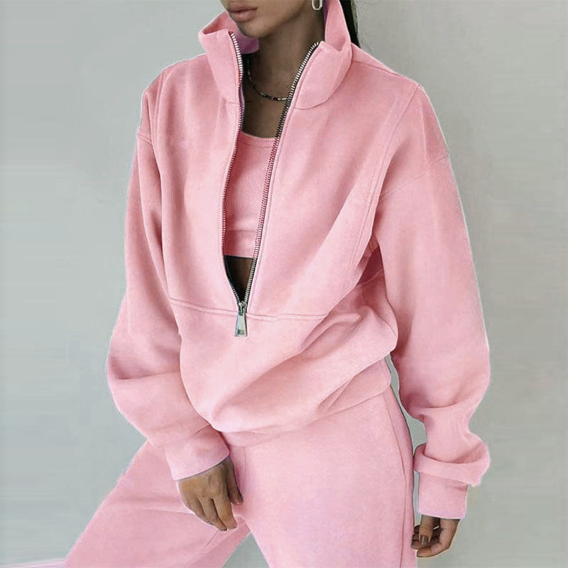 cross-border e-commerce european and american women's clothing: new summer collection - fashionable casual fleece-lined sporty zip-up hoodie set