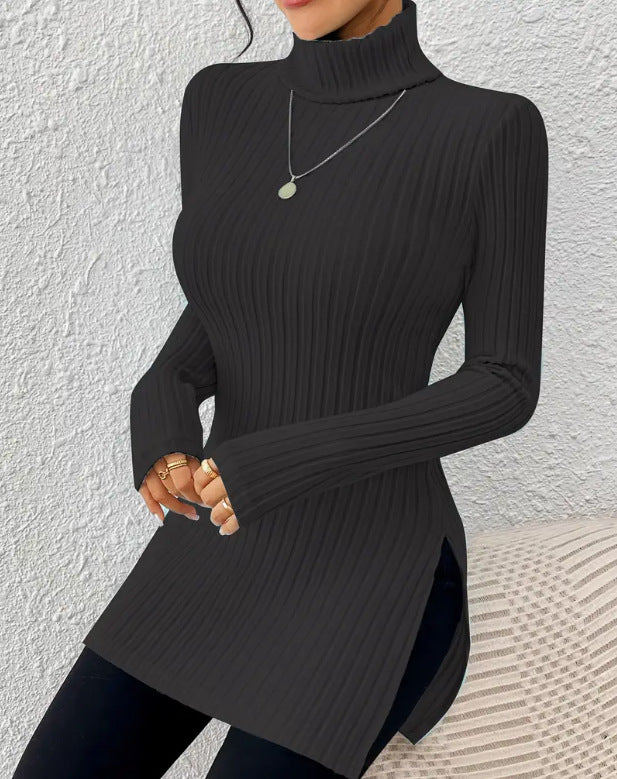 European and American  new women's turtleneck jumper, split-ended slim-fit bottoming shirt, pit striped medium and long top T-shirt