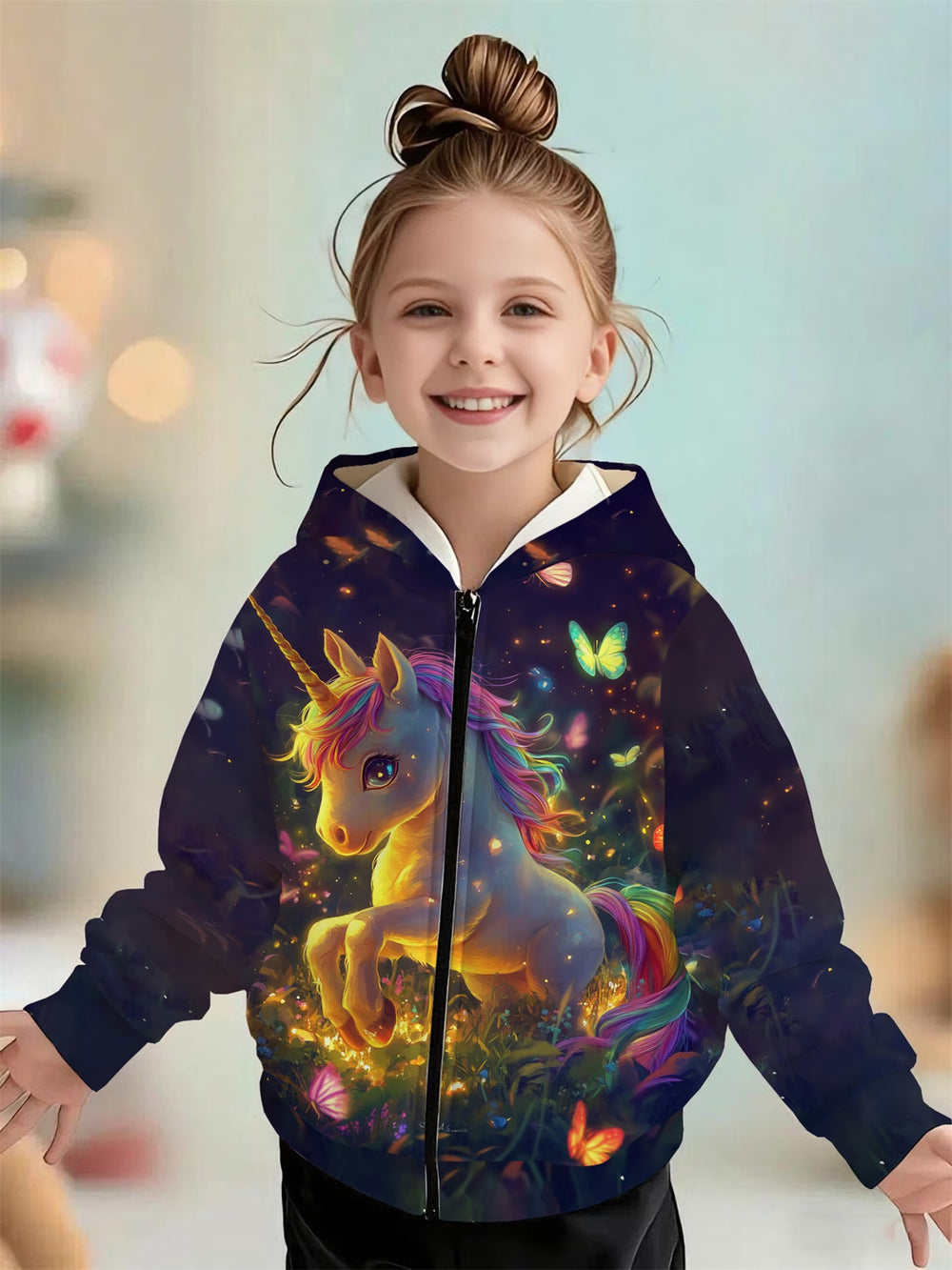 Kids' hoodie jacket, cross-border hot seller: cute cartoon print fashion zip-up hoodie for girls, dropshipping available