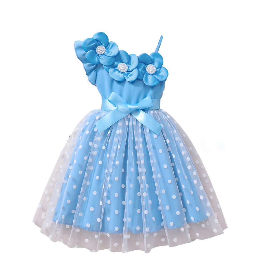 Girls' dress for toddlers and young children, 3d floral appliqué polka dot mesh dress