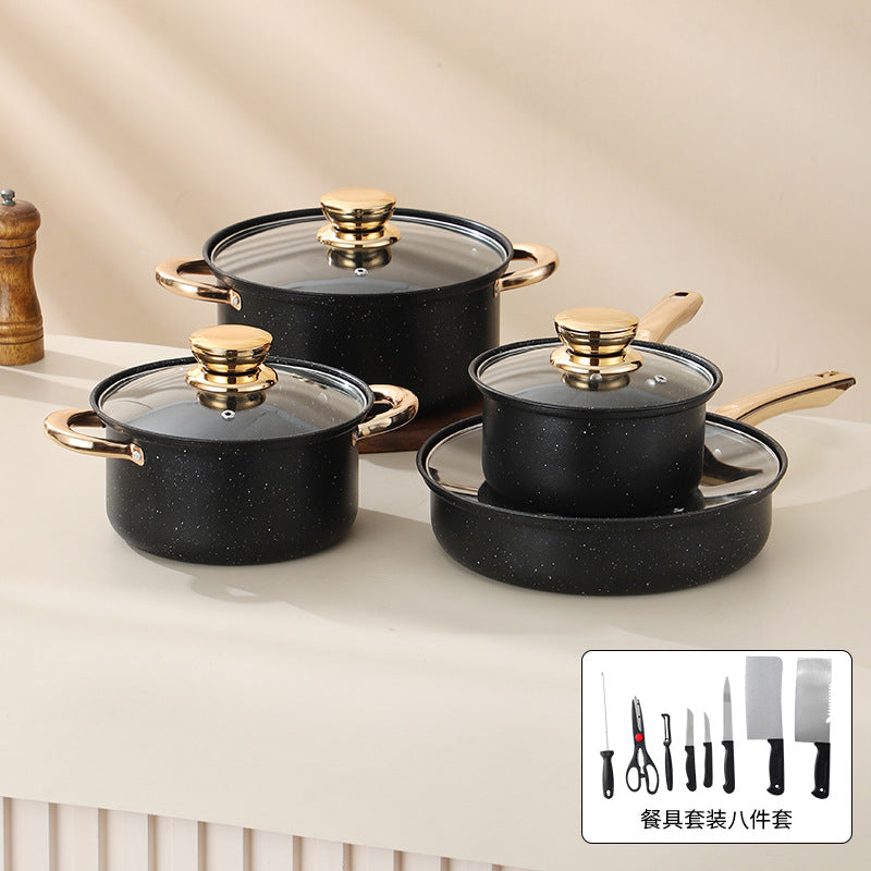 medical stone non-stick pan suit8pcsfor home frying pan milk pot soup pot combination pot cookware set
