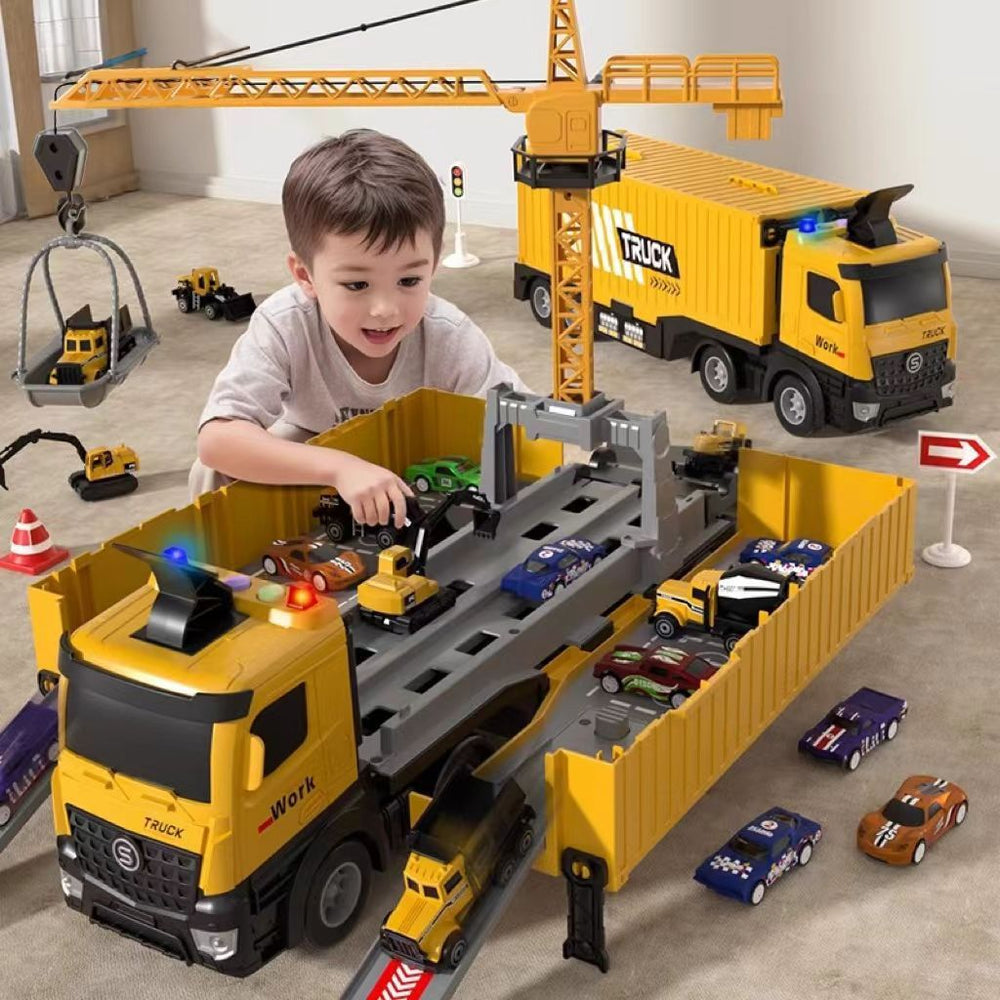 Drop shipping crane deformation engineering vehicle pull back inertia container truck parking lot toy rail car toy kids toy