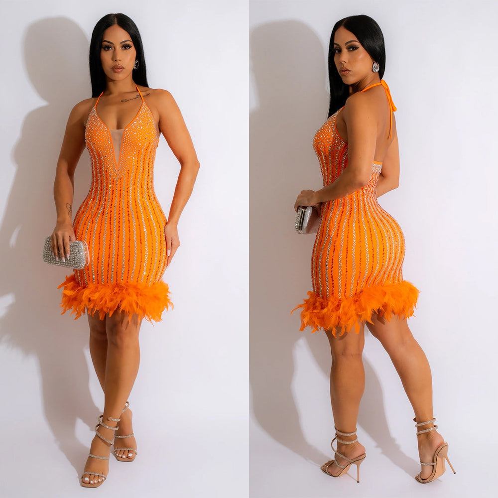 C6609   fashion women's solid color hotfix rhinestone mesh feather tie-up mini dress