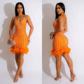 C6609   fashion women's solid color hotfix rhinestone mesh feather tie-up mini dress
