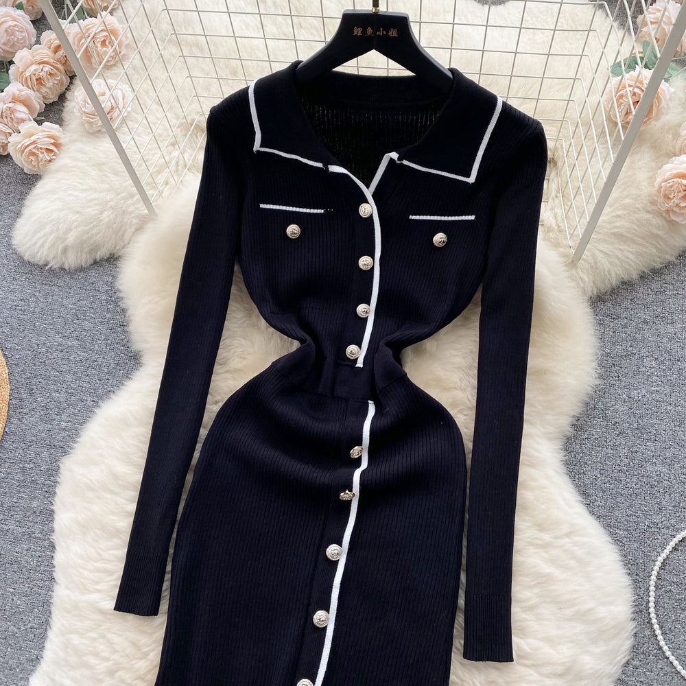 Korean chic autumn retro lapel color block single-breasted waist-defining slimming elegant slit bodycon knit dress