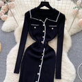 Korean chic autumn retro lapel color block single-breasted waist-defining slimming elegant slit bodycon knit dress