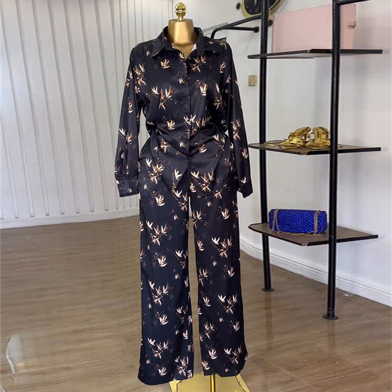 European and american cross-border women's fashion:  autumn new collection - stylish turn-down collar printed long-sleeve shirt and high-waisted trousers casual set