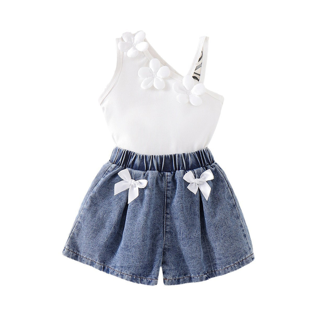 exclusive for european and american girls, new style children's white camisole + blue shorts