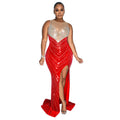 C6807 cross-border   fashion women's solid color round neck sleeveless rhinestone embellished maxi dress