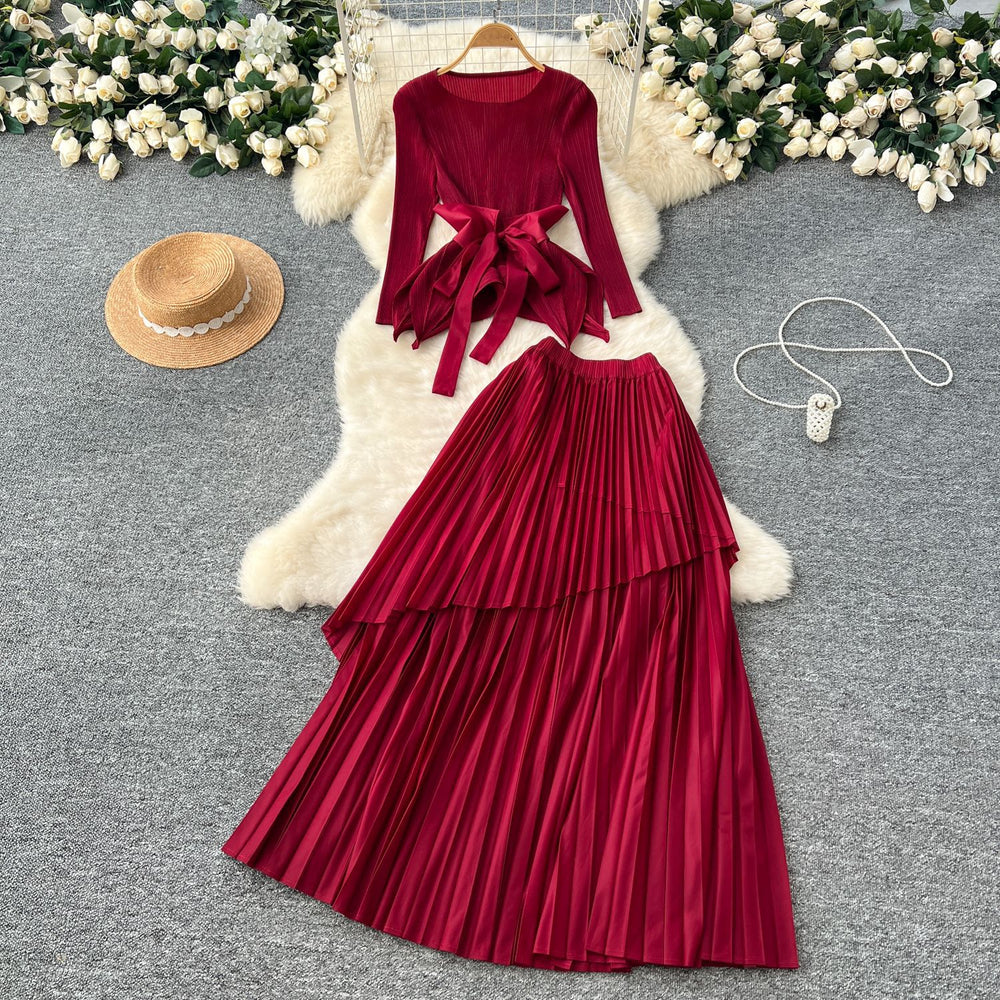 fashion style miyake pleated tie back waist asymmetrical hem pleated tops pleated skirt suit for women