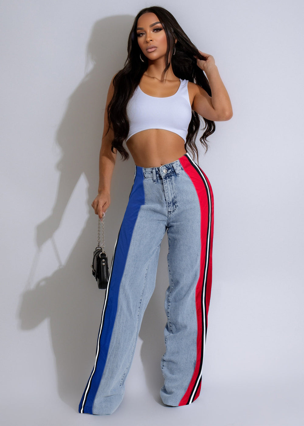 Best selling european and american clothing fashionpatchworkstripescontrast color denim pants new arrivalcasual waist elastic straight-leg pants