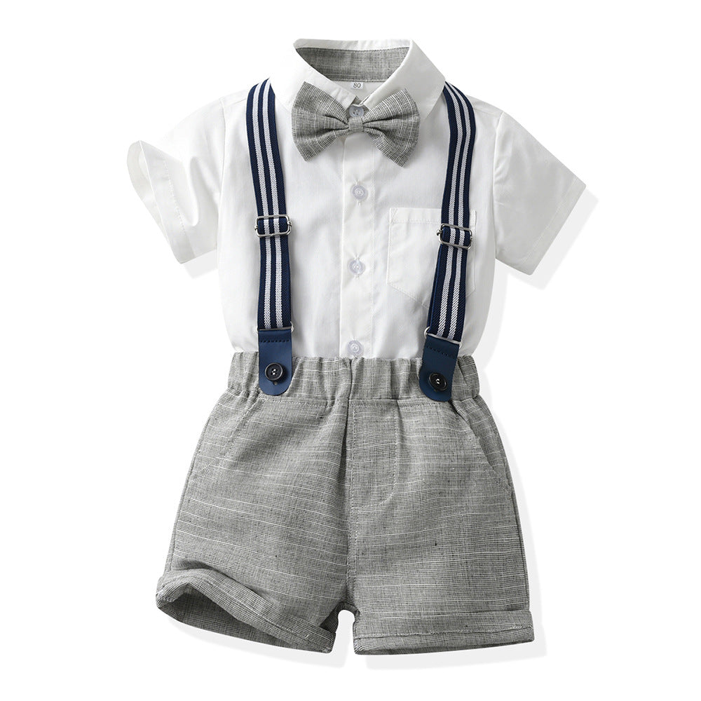 Exportnew arrivalkidssuit boys retro british short-sleeved suspenders two-piece setin stockbaby suit