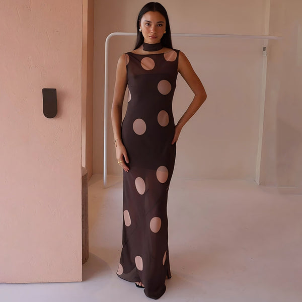 European and American style  2025 new hot-selling polka dot streamer long dress  sexy backless sleeveless hip-wrapped dress