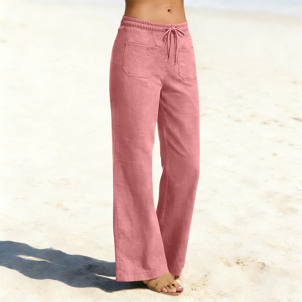 european and american cross-border women's linen-look fashion casual loose comfort solid color straight-leg pants with pockets wide-leg trousers