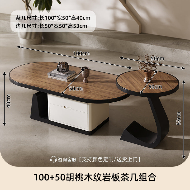 living room home small apartment coffee table oval slate storage solid walnut wood mid-century style with drawer