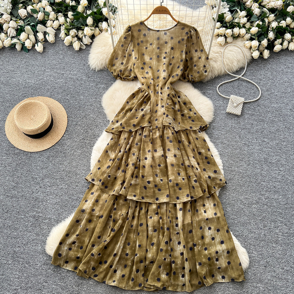 French sweet style purple polka dot a-line dress - women's summer korean style puff sleeve high waist tiered dress - slimming