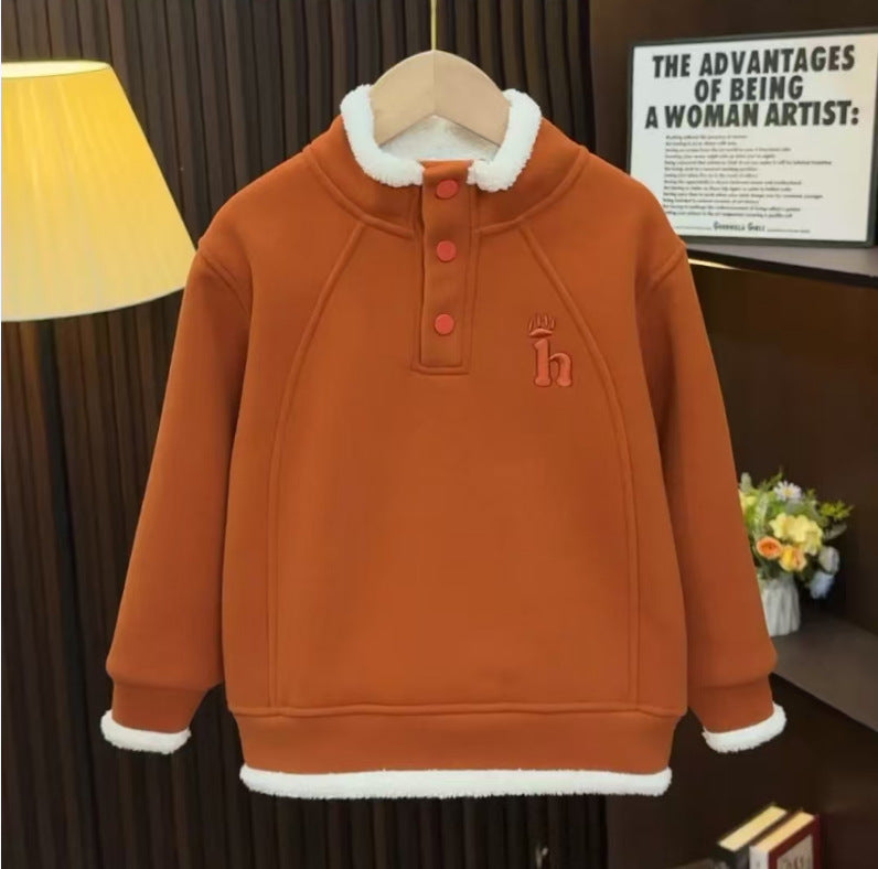 Boys' fall/winter minimalist korean style fashion fleece-lined warm sweatshirt  new arrival, mid-to-large size pullover casual top