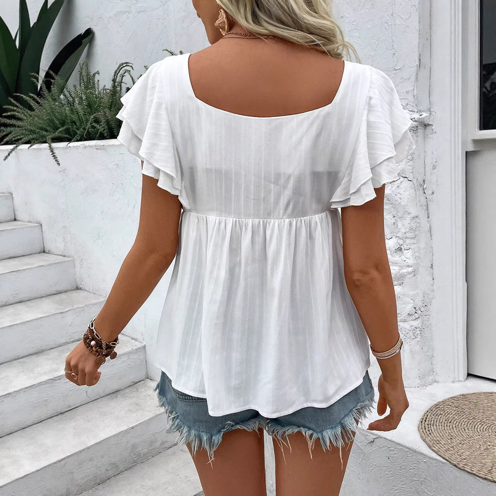 European and american cross-border women's lace square neck short sleeve embroidered blouse - new  spring/summer cool & casual style