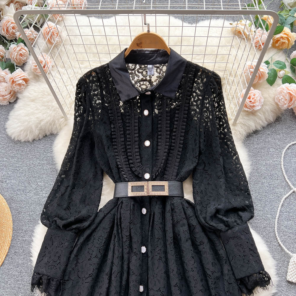 Spring autumnew arrival lapel heavy industry hook flower cut outfrenchlacedress female sexy large swing over the knee long skirt