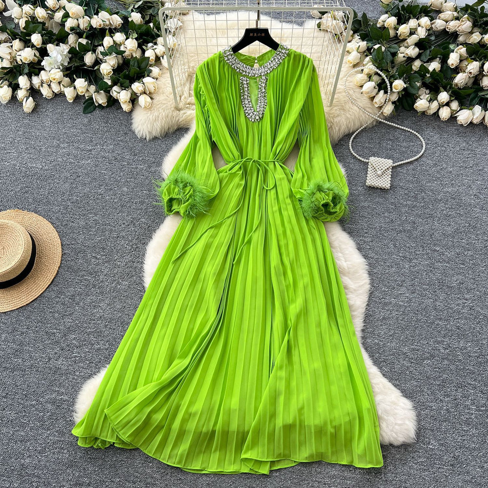 French-style, heavily embellished, diamond-studded, faux fur sleeve, high-end pleated dress - women's loose-fit, tie-waist, elegant long dress