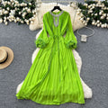 French-style, heavily embellished, diamond-studded, faux fur sleeve, high-end pleated dress - women's loose-fit, tie-waist, elegant long dress