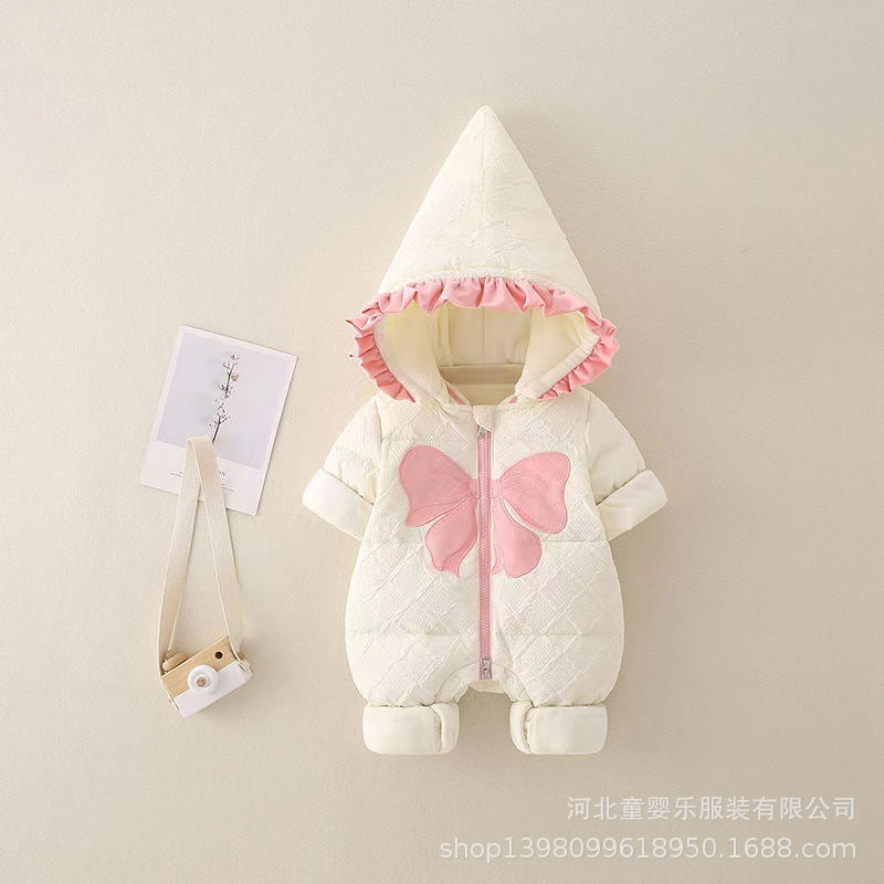Newborn baby winter clothes: thickened romper for baby girls, perfect for outdoor wear, full month celebration, warm cotton-padded jumpsuit, newborn winter outfit