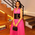 European and american cross-border women's fashion:  summer new arrival - elegant halter neck color block long sleeveless maxi dress