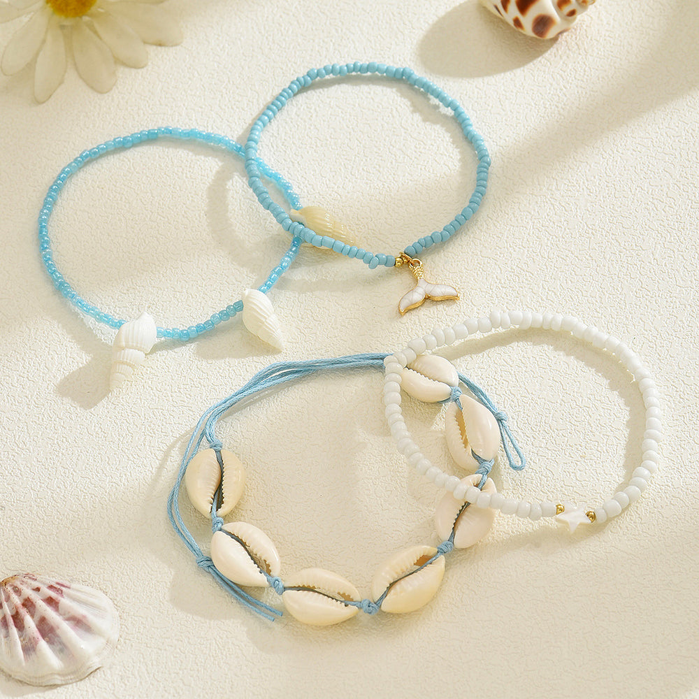 Multi-layer beaded foot jewelry wholesale european and american cross-border anklets for women vacation style shell starfish elastic rice bead anklet set