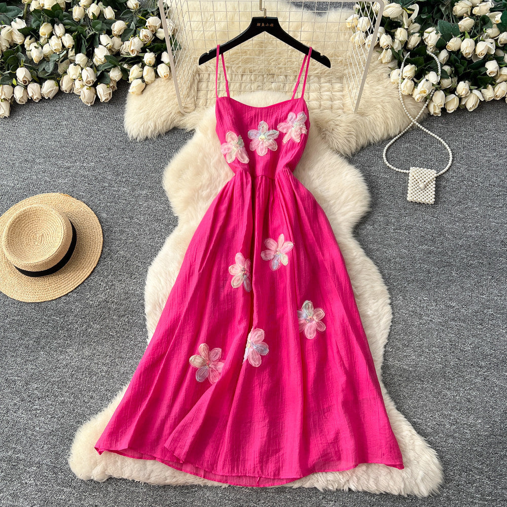 French riviera style sweet cami dress - women's designer dress with intricate 3d floral appliqués and cinched waist