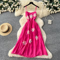 French riviera style sweet cami dress - women's designer dress with intricate 3d floral appliqués and cinched waist