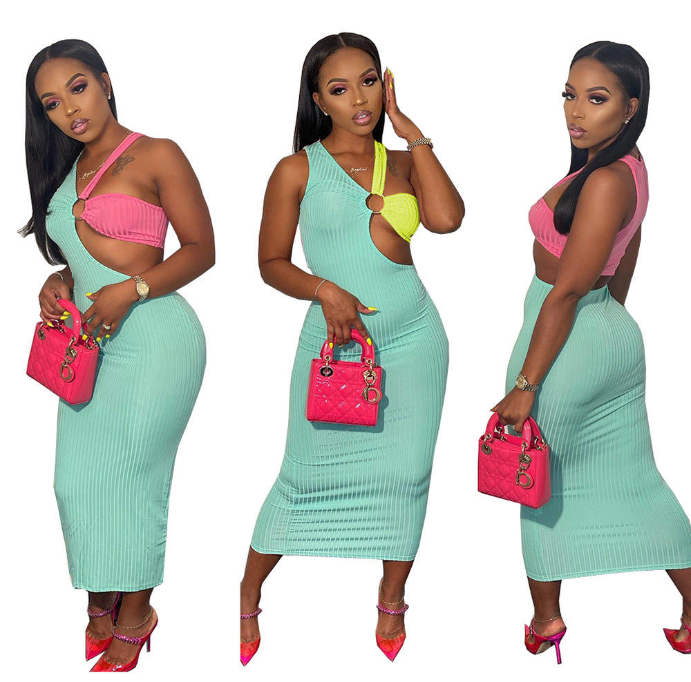 summer european and american style women's clothing:  new fashion sexy color block cutout ring sleeveless dress