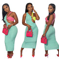 summer european and american style women's clothing:  new fashion sexy color block cutout ring sleeveless dress