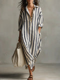 european and american independent station cross-border fashionloosev necklongstripessummer nine-quarter sleeve women's shirtdress