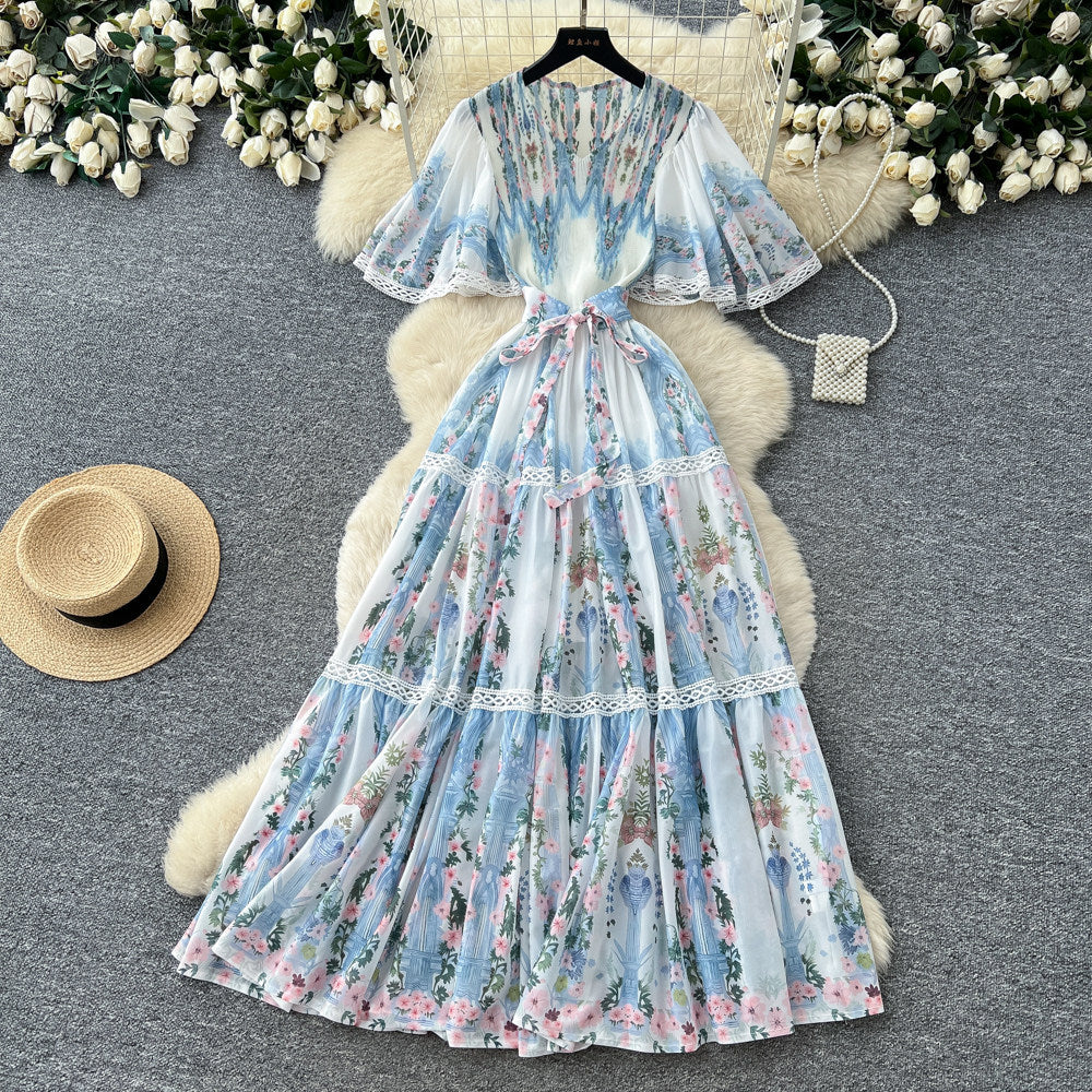 French riviera style printed short-sleeve pleated dress - women's summer v-neck, cinched waist, tie-up maxi dress - high-end, slimming fit
